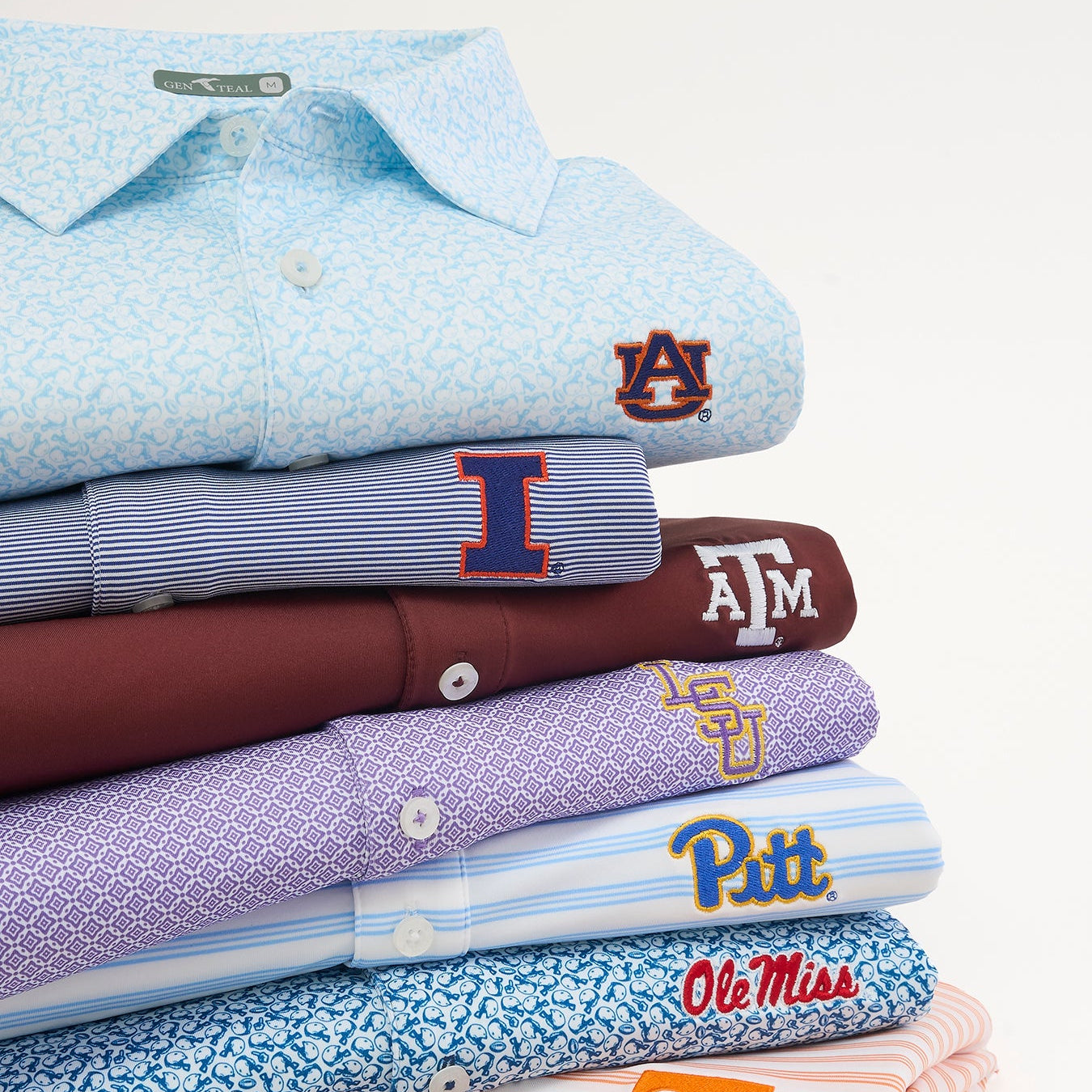 College polos from GenTeal featuring officially licensed designs from multiple universities