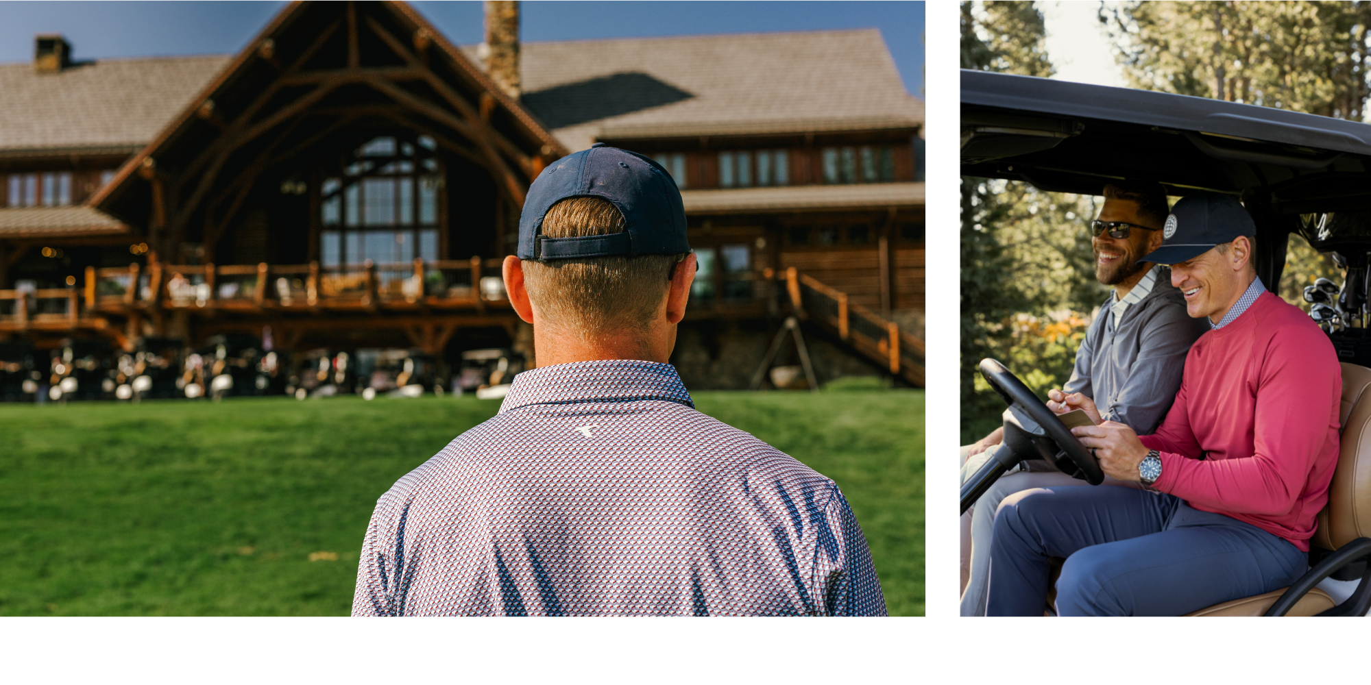 Man wearing Printed Polo by GenTeal and 2 men sitting on a golf cart in GenTeal clothing.