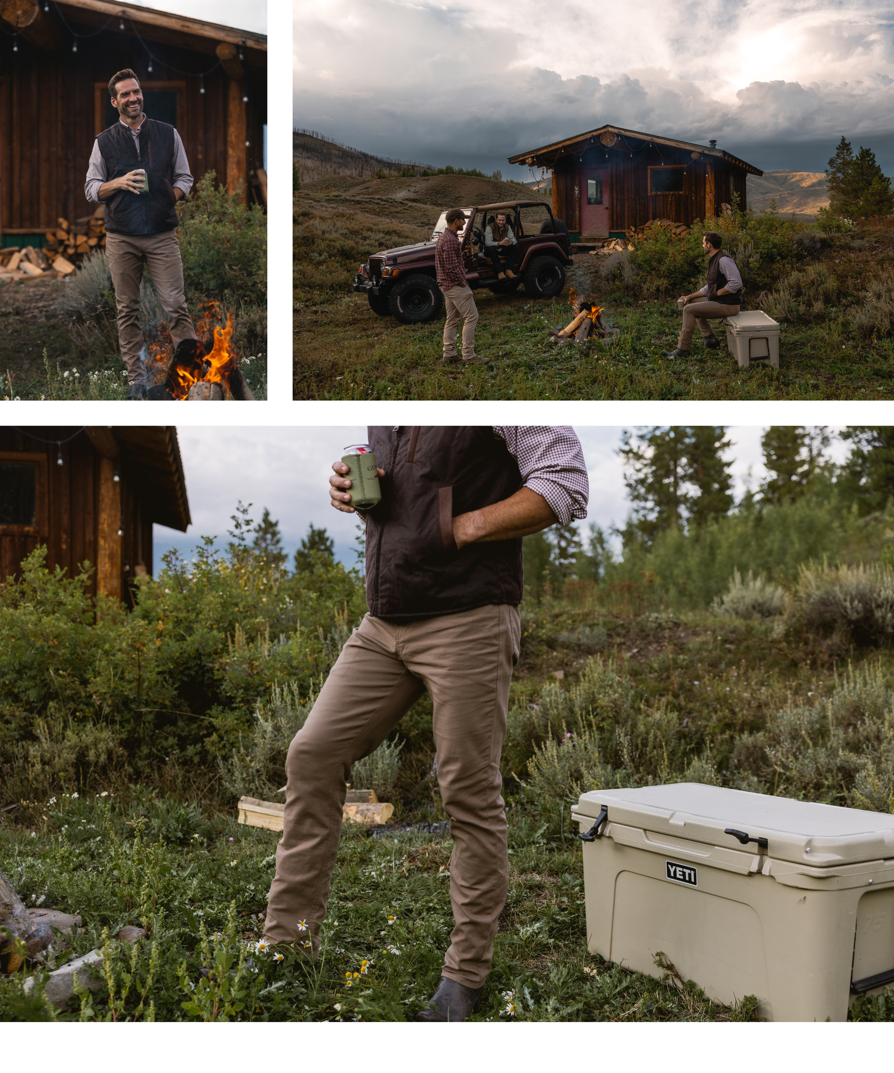 2 men sitting by the campfire in GenTeal mens clothing