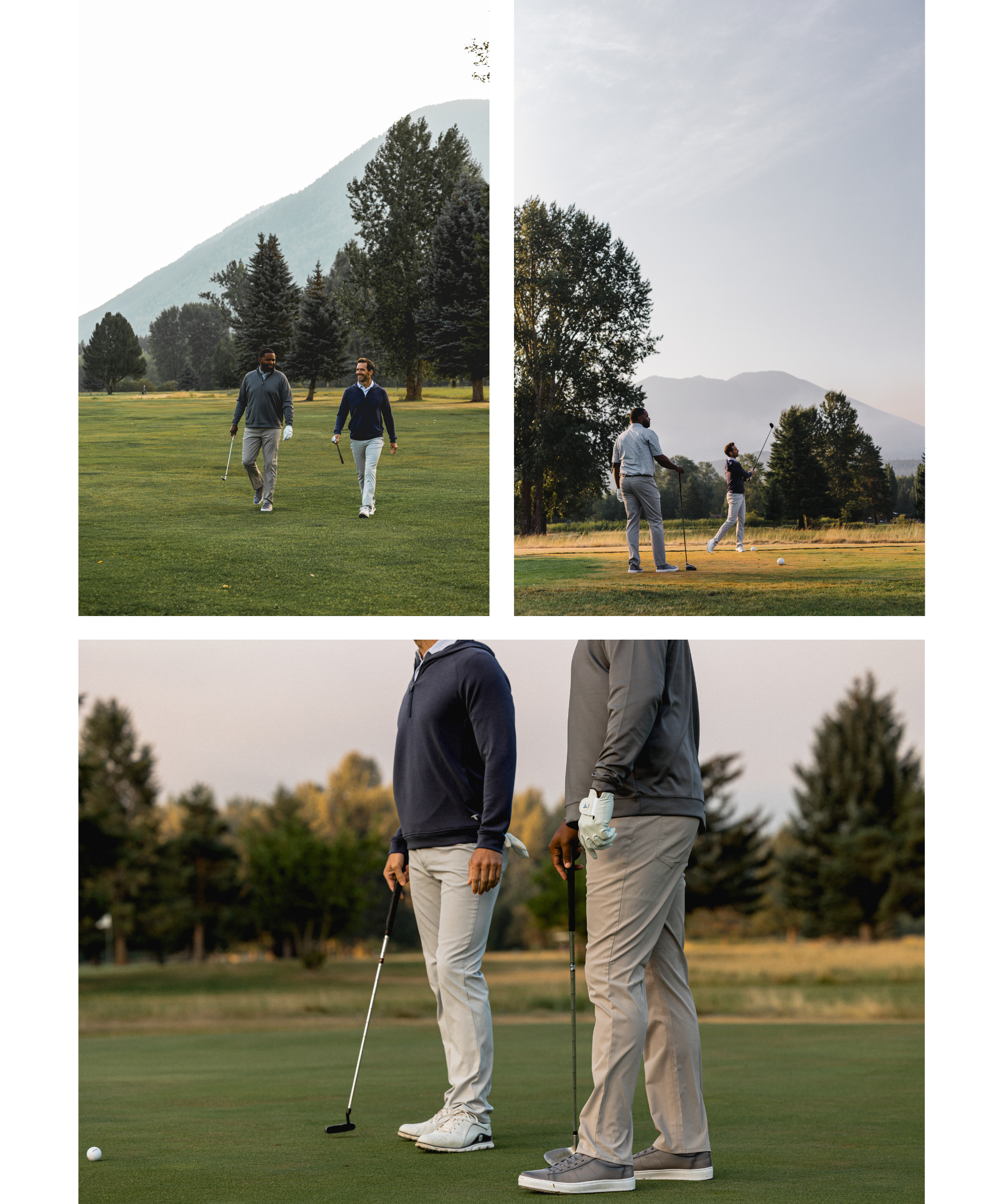 Collage of 2 men playing golf in GenTeal mens clothing