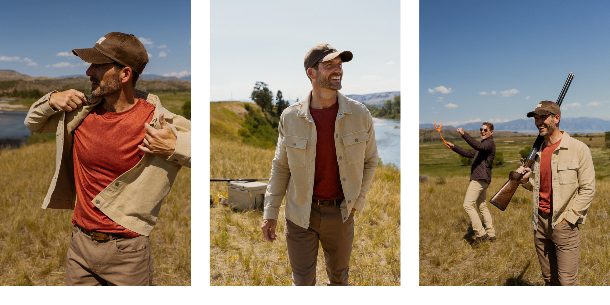 Collage of 2 men duck hunting in GenTeal mens clothing