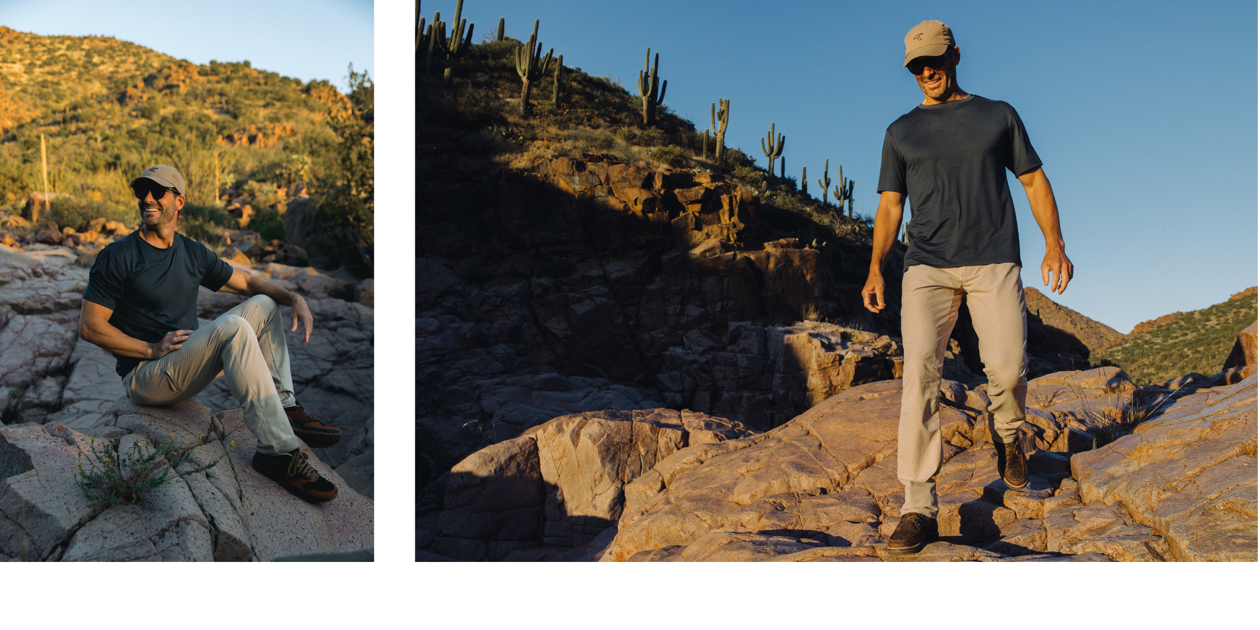 Collage of a man going hiking in GenTeal mens clothing