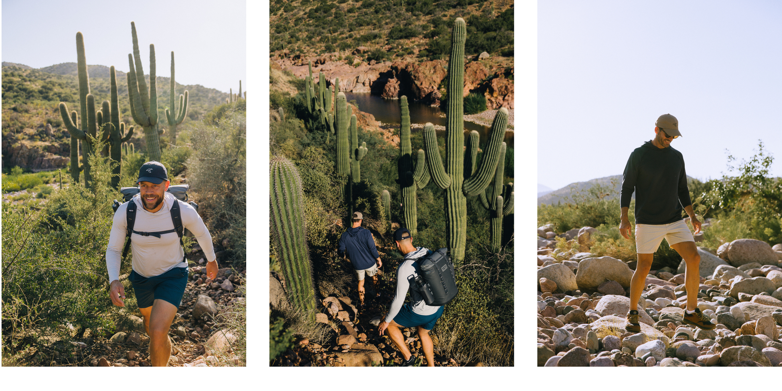 Collage of 2 men going hiking in GenTeal mens clothing