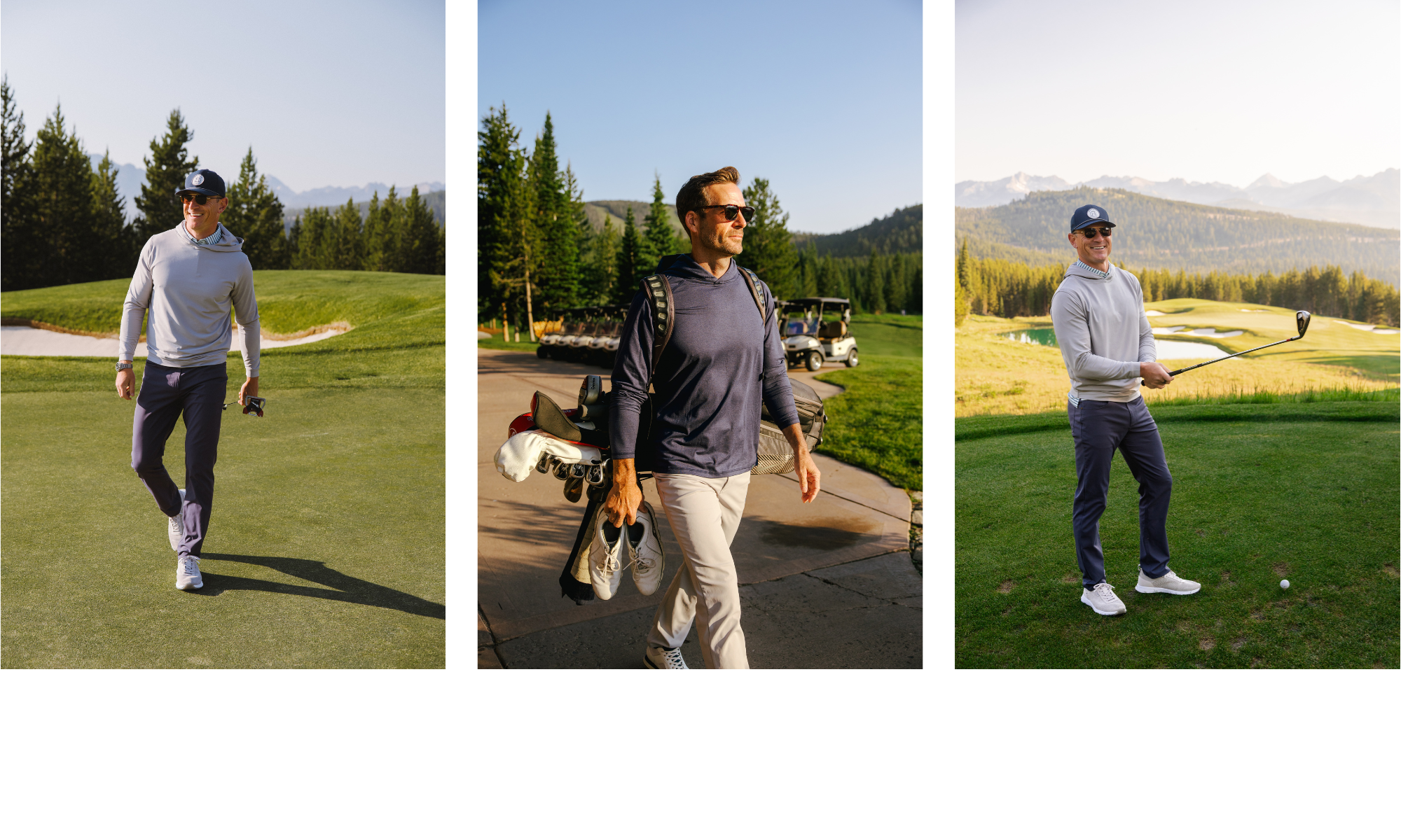 Collage of 2 men going golfing in GenTeal mens clothing