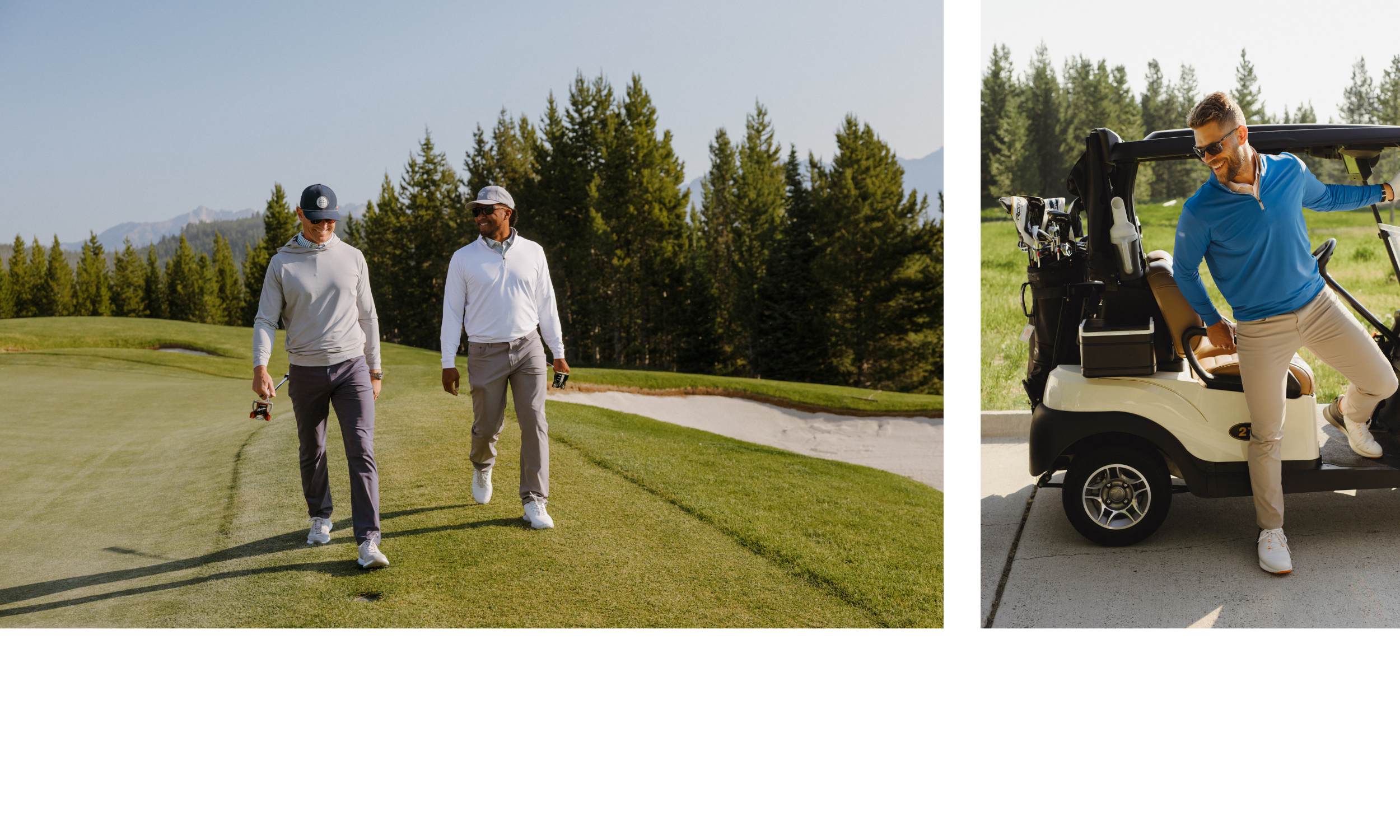 Collage of 2 men going golfing in GenTeal mens clothing