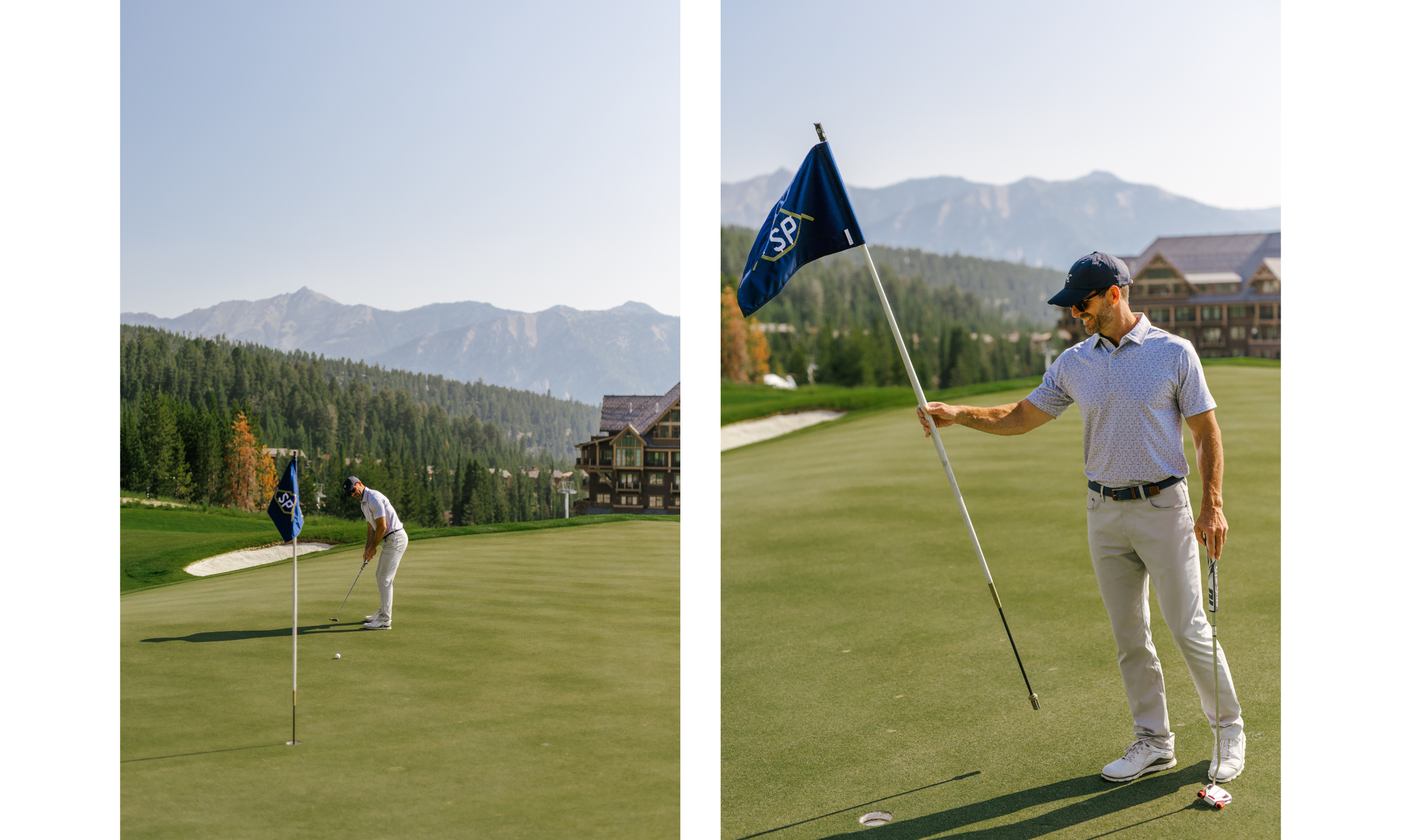 Collage of a man going golfing in GenTeal mens clothing